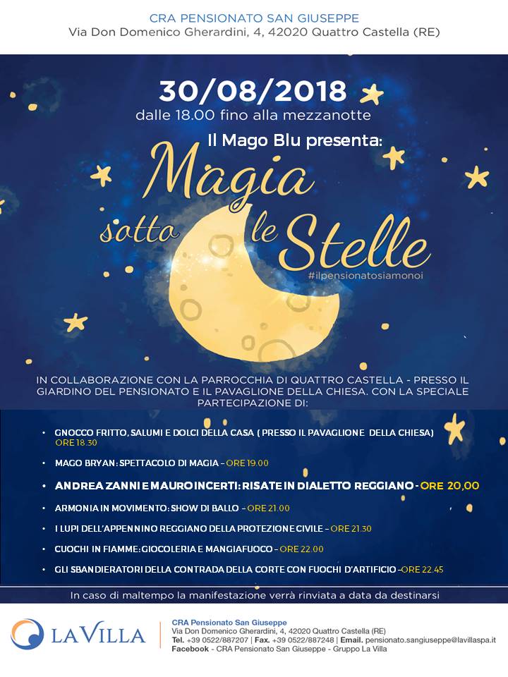 “Magia Sotto Le Stelle”: a Quattro Castella torna la festa di fine estate organizzata da CRA Pensionato San Giuseppe e la Parrocchia