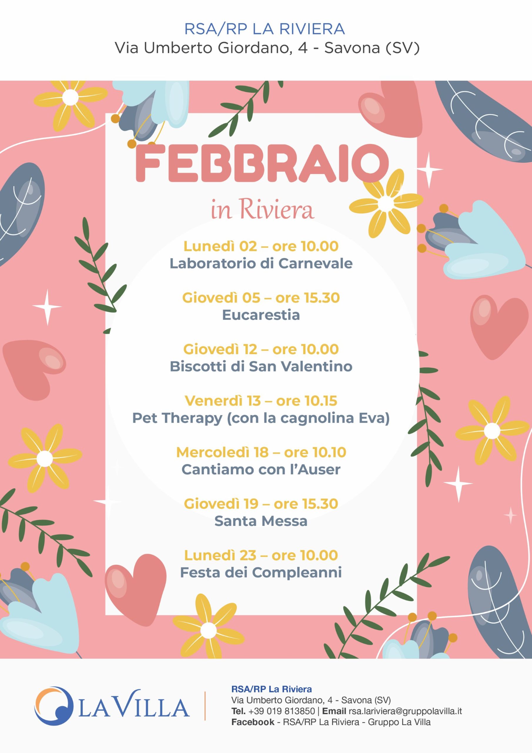 Locandina eventi febbraio 2026 RSA La Riviera Savona